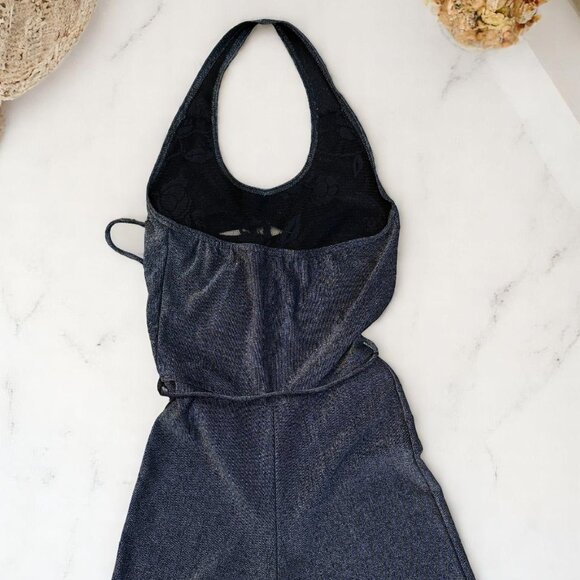 Vintage Kitty Y2K 90s Catsuit Playsuit Jumpsuit Wide Leg Size XS Black Silver - Picture 9 of 10